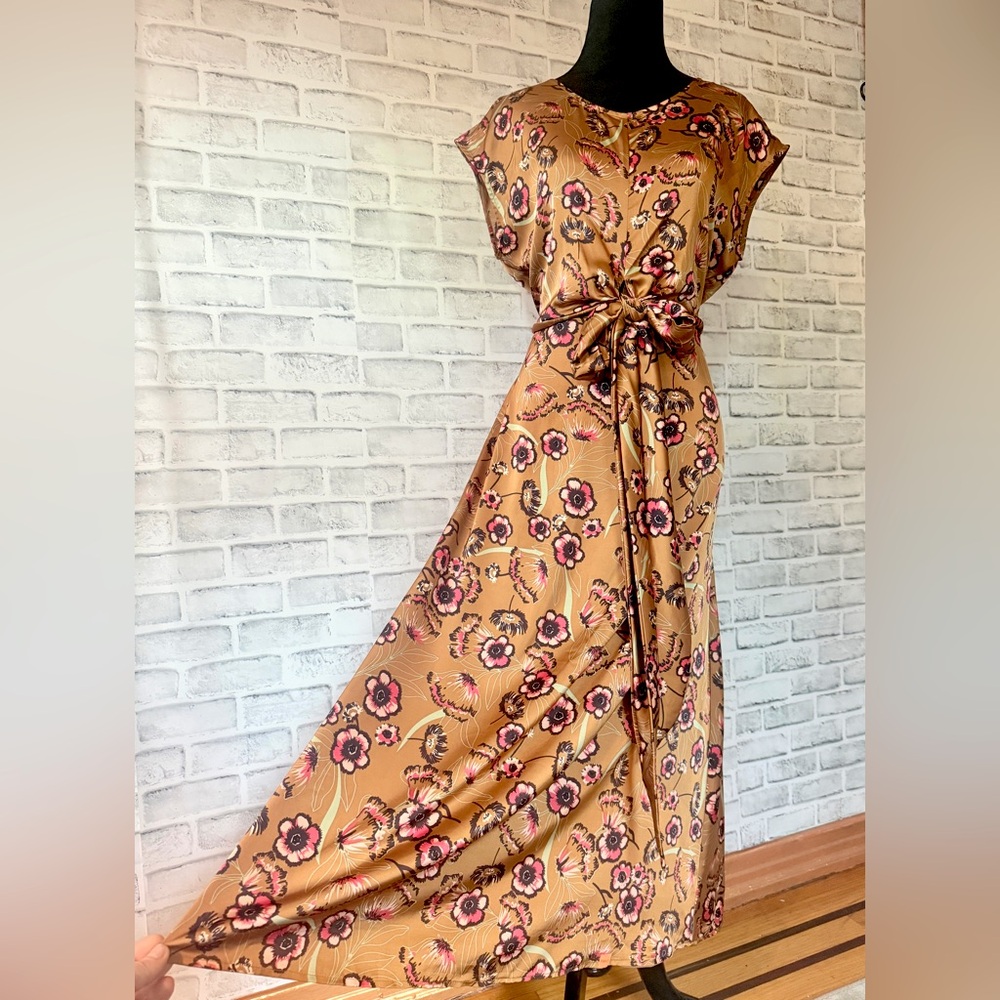 Mikarose Brown and Gold Wrap Maxi Dress with Dolman Cap Sleeves
